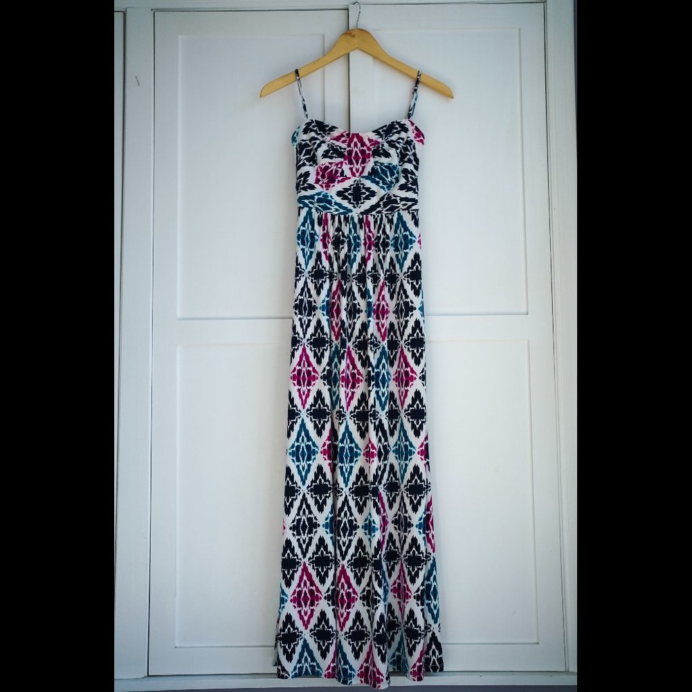 EUC Ann Taylor Ikat Convertible Maxi Dress, White Multi, 0